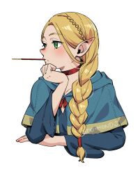 Rule 34 | 1girl, blonde hair, blue capelet, blue robe, braid, capelet, choker, dungeon meshi, edomon-do, elbow on table, food, food in mouth, french braid, head rest, highres, long hair, long sleeves, marcille donato, pocky, pocky in mouth, pointy ears, red choker, robe, simple background, solo, twin braids, white background, yellow eyes
