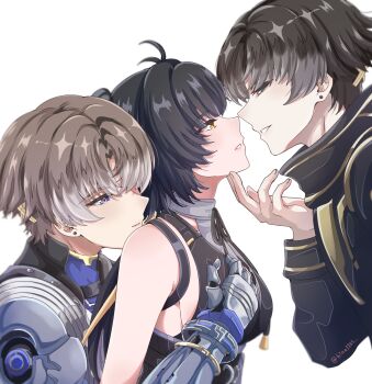 1girl 2boys antenna_hair bare_shoulders black_dress black_hair black_jacket black_sclera blue_eyes blue_shirt breasts brown_hair colored_sclera commentary dress dual_persona earrings female_rover_(wuthering_waves) hair_over_one_eye hand_on_another&#039;s_chest hand_on_another&#039;s_chin highres hina1103 imminent_kiss jacket jewelry large_breasts looking_at_another mechanical_arms mechanical_hands multiple_boys orange_eyes parted_lips rover_(wuthering_waves) shirt simple_background sleeveless sleeveless_dress stud_earrings twitter_username white_background wuthering_waves xiangli_yao_(wuthering_waves) yellow_eyes