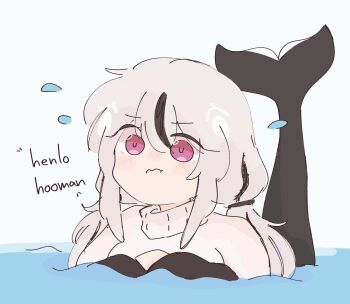 1girl :t artist_self-insert black_hair blush blush_stickers cetacean_tail chonkyorca closed_mouth commentary english_commentary english_text fins fish_tail flying_sweatdrops grey_hair hair_between_eyes highres long_hair low_twintails multicolored_hair nose_blush orca_(chonkyorca) original partially_submerged purple_eyes simple_background solo streaked_hair sweater tail turtleneck turtleneck_sweater twintails water wavy_mouth white_background white_sweater