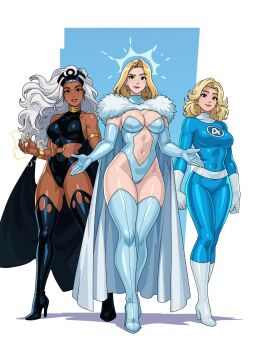 black_boots blonde_hair blue_boots boots breasts commentary dark-skinned_female dark_skin electricity emma_frost english_commentary fantastic_four highres impossible_clothes kim_kai large_breasts long_hair marvel marvel_rivals storm_(x-men) sue_storm thigh_boots toned toned_female x-men