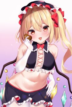 1girl :p alternate_costume armpit_crease bare_shoulders black_hat black_skirt blonde_hair blush bow bowtie breasts candy chocolate chocolate_heart closed_mouth collar commentary cowboy_shot crop_top elbow_gloves flandre_scarlet food frilled_collar frilled_skirt frills gloves gradient_background hair_between_eyes hair_bow hand_up hat heart heart-shaped_food highres holding holding_chocolate holding_food long_hair looking_at_viewer miniskirt mob_cap navel purple_background red_bow red_bowtie red_eyes shirotsuki_shirone side_ponytail simple_background skirt small_breasts smile solo stomach tongue tongue_out touhou white_background white_gloves