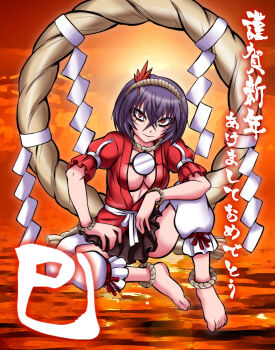1girl absurdres anklet ayana_mizuki bags_under_eyes barefoot bracelet breasts brown_skirt character_name chinese_zodiac commentary_request crossed_bangs full_body hair_ornament highres jewelry large_breasts leaf_hair_ornament looking_at_viewer miniskirt mirror open_clothes open_mouth open_shirt orange_background pants purple_hair red_eyes red_shirt rope shide shimenawa shirt short_hair short_sleeves sitting skirt slit_pupils smile solo touhou white_pants yasaka_kanako year_of_the_snake