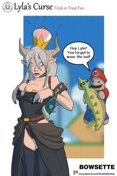1girl anal_beads anal_tail bowsette bowsette_(cosplay) breasts butt_plug commentary cosplay cowboy_shot demon_horns english_commentary fake_tail grey_hair halloween highres horns large_breasts lyla_ailwind mario mario_(cosplay) nipple_piercing piercing pointy_ears ring_piercing sex_toy socks surprised tail voodoo_doll voodoo_monkey