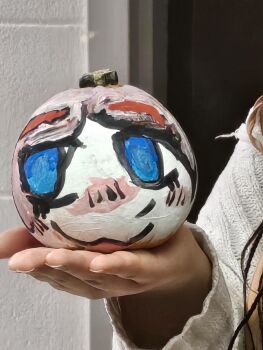 Rule 34 | hand up, highres, isekai shikkaku, painted pumpkin, painting (medium), pumpkin, real life, sacchan (isekai shikkaku), traditional media
