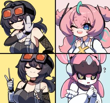 Rule 34 | 2girls, aqua hair, aqua streaks, aria (human) (zenless zone zero), aria (robot) (zenless zone zero), aria (zenless zone zero), arm garter, asymmetrical gloves, bare shoulders, black gloves, black hair, black sclera, black sports bra, blue eyes, breasts, cleavage, closed eyes, closed mouth, collarbone, colored sclera, crossed bangs, fingerless gloves, flying sweatdrops, gloves, goggles, goggles on head, grace howard, green eyes, hair between eyes, highres, holding, holding screwdriver, humanoid robot, large breasts, mismatched gloves, multicolored hair, multiple girls, one eye closed, open mouth, otu (o2h2 oh4), pink hair, quad tails, robot, robot girl, screwdriver, single fingerless glove, smile, sports bra, streaked hair, white gloves, zenless zone zero