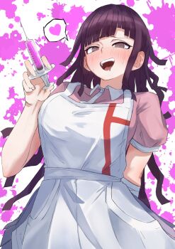1girl :d amaruru0723 apron black_hair blood blush breasts brown_eyes cowboy_shot danganronpa_(series) danganronpa_2:_goodbye_despair drooling heart highres holding holding_syringe large_breasts long_hair mole mole_under_eye open_mouth pink_blood pink_shirt puffy_short_sleeves puffy_sleeves shirt short_sleeves simple_background smile solo spoken_heart syringe tsumiki_mikan white_apron white_background