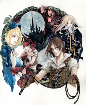 1girl 3boys alucard_(castlevania) bandana barefoot bat_(animal) belt blonde_hair blue_eyes breasts brown_hair cape castle castlevania_(series) castlevania_iii:_dracula's_curse cloak coat dagger dhampir dress energy_ball fireball full_moon gloves grant_danasty half-human heterochromia hood jacket knife konami long_hair moon multiple_boys night open_mouth pants pinkxxxna ralph_c_belmont sypha_belnades trench_coat trevor_belmont trevor_c._belmont undead vampire vest weapon whip white_hair