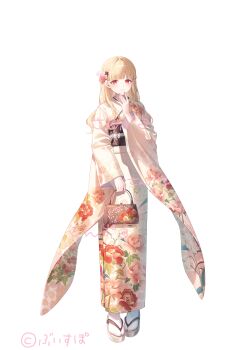 1girl absurdres bag blonde_hair closed_mouth commentary_request floral_print floral_print_kimono flower full_body hair_flower hair_ornament hand_up handbag highres holding holding_bag japanese_clothes kimono kogara_toto long_hair long_sleeves looking_at_viewer obi official_art print_kimono red_eyes sandals sash second-party_source simple_background smile socks solo standing tabi toosaka_asagi virtual_youtuber vspo! white_background white_socks