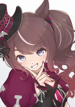 1girl animal_ears black_shirt blush brown_hair chahiro hair_ornament hair_scrunchie halloween halloween_costume hat hat_ornament highres horse_ears horse_girl jacket long_hair looking_at_viewer multicolored_hair necktie official_alternate_costume open_mouth ponytail puffy_short_sleeves puffy_sleeves purple_jacket purple_nails scrunchie shirt short_necktie short_sleeves simple_background smile solo streaked_hair top_hat tosen_jordan_(highkey_hallowed)_(umamusume) tosen_jordan_(umamusume) umamusume upper_body v white_background