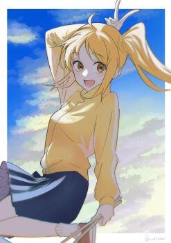 1girl :d absurdres ahoge arm_behind_head blonde_hair blue_skirt blue_sky bocchi_the_rock! border cloud commentary_request drumsticks feet_out_of_frame floating from_side highres holding holding_drumsticks ijichi_nijika jacket kadokura_(sushiu_max) long_hair long_sleeves open_mouth orange_eyes outside_border pleated_skirt red_shoes shoes side_ponytail sidelighting sidelocks sideways_glance skirt sky smile sneakers socks solo track_jacket twitter_username v white_border white_socks yellow_jacket