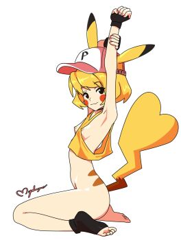 1girl animal_ears armpits arms_up baseball_cap blonde_hair blush_stickers body_markings bottomless breasts crop_top female_focus fingerless_gloves from_side gen_1_pokemon gloves hat highres looking_at_viewer maho_malice nintendo nipples personification pikachu pikachu_ears pikachu_tail pokemon pokemon_tail signature simple_background single_sock sitting skinny small_breasts socks solo stretching tail toeless_footwear toes wariza white_background
