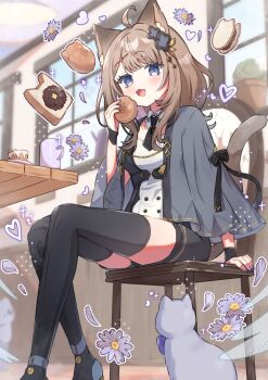 1girl :d ahoge animal animal_ear_fluff animal_ears black_bow black_necktie black_shorts black_thighhighs blue_eyes blue_shoes blush bow bread bread_slice brown_hair cake cake_slice cat cat_ears cat_girl cat_tail chair collared_shirt commentary_request commission cookie cup feet_out_of_frame flower food high_heels holding holding_food long_hair long_sleeves looking_at_viewer necktie open_mouth original parted_bangs purple_flower shirt shoes short_necktie short_shorts shorts sitting skeb_commission smile solo table tail thighhighs toast tsukumi_bis white_shirt wide_sleeves