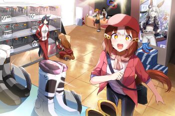 Rule 34 | 6+girls, alternate costume, animal ears, bag, belly, belno light (umamusume), casual, commentary, grim jisoo, hair between eyes, hair ornament, hat, highres, horse ears, looking at viewer, multiple girls, open mouth, pants, poster (object), shoes, shop, tamamo cross (umamusume), umamusume, umamusume: cinderella gray