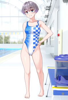 1girl absurdres barefoot bench blue_eyes blue_one-piece_swimsuit breasts checkered_clothes commentary_request competition_swimsuit full_body gradient_swimsuit grey_hair grin hand_on_own_hip highleg highleg_one-piece_swimsuit highres indoors medium_breasts multicolored_swimsuit one-piece_swimsuit original poolside race_queen short_hair smile solo swimsuit takafumi variant_set