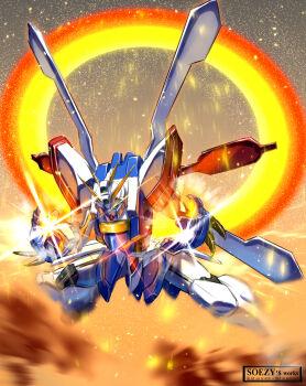 embers g_gundam glowing glowing_eyes glowing_hands god_gundam green_eyes gundam highres looking_down mecha motion_blur open_hands robot science_fiction soezy solo v-fin