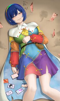 1girl absurdres blue_eyes blue_hair breasts card defeat dress highres large_breasts patchwork_clothes rainbow_dress rainbow_hairband short_dress short_hair solo son_(c100011) tenkyuu_chimata touhou unconnected_marketeers