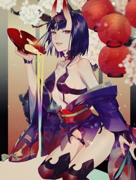 1girl alcohol bare_shoulders bob_cut branch breasts collarbone cup eyeliner fate/grand_order fate_(series) flower headpiece holding holding_cup horns japanese_clothes kimono kneeling lantern looking_at_viewer makeup medium_breasts oni open_mouth paper_lantern purple_eyes purple_hair revealing_clothes sakazuki sake sasamura_(_pios) short_hair shuten_douji_(fate) skin-covered_horns smile solo spilling