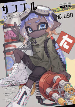 1boy absurdres artist_name black_shorts blue_eyes blunt_bangs closed_mouth dark-skinned_male dark_skin earrings full_body goggles goggles_on_head gradient_hair green_jacket highres inkling inkling_boy inkling_player_character jacket jewelry long_sleeves looking_at_viewer male_focus mochizuki_inochi multicolored_hair nintendo orange_hair pointy_ears purple_hair shoes short_hair shorts sitting sneakers solo splatoon_(series) tentacle_hair two-tone_hair watermark white_shoes