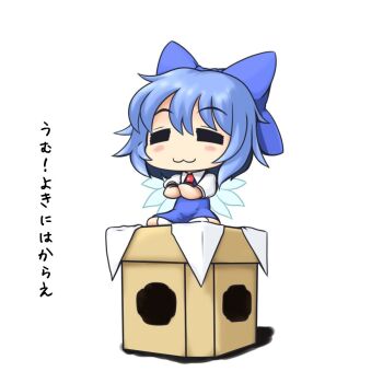 1girl :3 ascot blue_bow blue_dress blue_hair blush_stickers bow box chibi chibi_only cirno closed_eyes closed_mouth collared_shirt commentary_request crossed_arms deformed dress full_body hair_between_eyes hair_bow ice ice_wings large_bow musashino_udon no_shoes pinafore_dress puffy_short_sleeves puffy_sleeves red_ascot shirt short_hair short_sleeves simple_background sitting sleeveless sleeveless_dress smile socks solo touhou towel translation_request white_background white_shirt white_socks wings