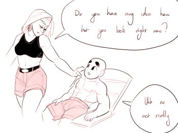 1boy 1girl abs android_18 bald bald_male biceps black_eyes couple dragon_ball english_text excited excited_for_sex happy husband_and_wife kuririn nipples pectorals smile speech_bubble thick_thighs thighs