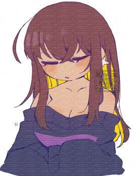 1girl :o aged_up alternate_hair_length alternate_hairstyle bare_shoulders black_sweater blonde_hair breasts brown_hair closed_eyes collarbone colored_inner_hair cowlick cropped_torso crossed_bangs earrings facing_viewer frisk_(undertale) genderswap genderswap_(otf) hair_between_eyes highres jewelry long_hair long_sleeves medium_breasts mr0x0 multicolored_hair off-shoulder_sweater off_shoulder open_mouth puffy_long_sleeves puffy_sleeves purple_sweater sidelocks simple_background sleeves_past_fingers sleeves_past_wrists solo striped_clothes striped_sweater sweater too_many_watermarks two-tone_hair two-tone_sweater u_u undertale utdr_(toby_fox) watermark white_background