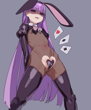 1girl absurdres alice_(trickcal) anger_vein angry animal_ear_hairband animal_ears blunt_bangs bow breasts card commentary detached_collar diamond_(shape) fake_animal_ears from_below grey_background gya_rb hairband half-closed_eyes heart heart_pasties highres long_hair looking_at_viewer looking_down navel pasties pink_bow playing_card purple_hair purple_thighhighs rabbit_ear_hairband rabbit_ears reverse_bunnysuit reverse_outfit see-through_clothes simple_background small_breasts solo spade_(shape) spread_legs standing thighhighs torn_clothes trickcal very_long_hair