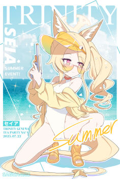 1girl absurdres animal_ear_fluff animal_ears bare_legs bare_shoulders beach blonde_hair blue_archive breasts closed_mouth cover covered_navel cross_halo dated diamond_cutout fake_magazine_cover feet flat_chest fox_ears fox_girl fox_tail gradient_eyes gun halo handgun hands_up highleg highleg_one-piece_swimsuit highres horizon jacket knee_up loli long_hair long_sleeves looking_to_the_side magazine_cover multicolored_eyes ocean off_shoulder official_alternate_costume official_alternate_hairstyle one-piece_swimsuit orange-tinted_eyewear orange_eyes sagwa4885 sandals seia_(blue_archive) seia_(swimsuit)_(blue_archive) side_ponytail small_breasts solo split_mouth spread_legs squatting sunglasses swimsuit tail tail_ornament thighs tinted_eyewear toenails toes very_long_hair very_long_tail visor_cap weapon webley_self_loading_pistol white_one-piece_swimsuit yellow_halo yellow_jacket yellow_sandals yellow_visor