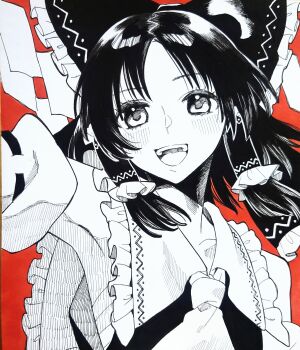 1girl absurdres armpits bandages bare_shoulders chest_sarashi collared_shirt detached_sleeves frilled_hair_tubes frilled_ribbon frilled_shirt frilled_shirt_collar frills hair_ornament hair_ribbon hair_tubes hakurei_reimu happy highres japanese_clothes limited_palette medium_hair miko neckerchief nontraditional_miko open_mouth parted_bangs red_background ribbon sarashi shide shirt sidelocks simple_background sleeveless smile teeth touhou traditional_media upper_teeth_only whoru