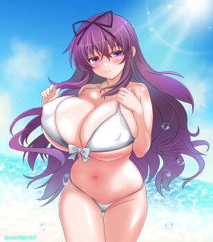 1girl absurdres bare_shoulders bikini black_ribbon blush breasts cleavage cloud commentary_request covered_erect_nipples crossed_bangs front-tie_bikini_top front-tie_top hair_between_eyes hair_ribbon highres huge_breasts impossible_clothes impossible_swimsuit long_hair looking_at_viewer murasaki_(senran_kagura) navel ocean purple_eyes purple_hair ribbon senran_kagura sky solo stoneriver_ilst sun swimsuit very_long_hair white_bikini