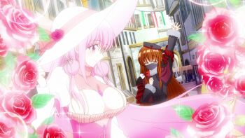 2girls anime_screenshot belt_ribbon black_hat blush breasts brown_eyes brown_hair city cityscape cleavage closed_eyes coat dress flag flat_chest flower gem hair_ribbon hand_on_own_chest hand_up hat hat_ribbon highres holding huge_breasts iana_magnolia jewelry konoha_magnolia large_breasts leaf long_hair looking_at_another mask mouth_mask multiple_girls open_hand pink_eyes pink_flower pink_hair pink_rose ribbon rose smile sun_hat tensei_akujo_no_kuro_rekishi white_hat