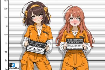 2girls absurdres asahina_mikuru blush breasts bright_pupils brown_eyes brown_hair card commentary english_commentary hairband height_chart height_mark highres holding holding_card holding_sign jacket jumpsuit lineup long_hair mugshot multiple_girls nameplate open_mouth orange_jacket orange_jumpsuit prison_clothes prisoner school_uniform serafuku shirt short_hair sign suzumiya_haruhi suzumiya_haruhi_no_yuuutsu t-works thighs twitter_username white_shirt