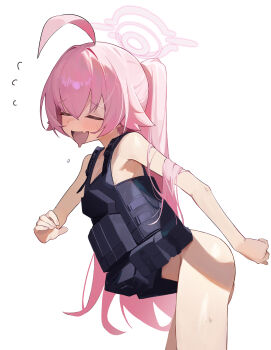 1girl :d absurdres ass bare_arms bare_shoulders blue_archive blush bottomless bulletproof_vest closed_eyes facing_viewer fang flying_sweatdrops highres hoshino_(blue_archive) loli open_mouth pink_hair pouch simple_background skin_fang smile solo standing suye sweat tactical_clothes white_background