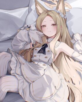 1girl absurdres animal_ear_fluff animal_ears ascot bare_shoulders bird bird_on_hand blonde_hair blue_archive blue_ascot blush breasts closed_mouth commentary_request detached_sleeves dress flower forehead fox_ears hair_flower hair_ornament halo highres long_hair looking_at_viewer lying on_back pantyhose parted_bangs seia_(blue_archive) sleeves_past_fingers sleeves_past_wrists smile solo striped_clothes striped_pantyhose supic1711 vertical-striped_clothes vertical-striped_pantyhose very_long_hair white_bird white_dress white_pantyhose white_sleeves yellow_eyes yellow_halo