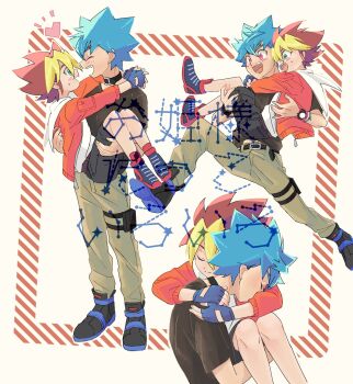 2boys black_shirt black_shoes blonde_hair blue_hair brown_hair carrying carrying_person fingerless_gloves gloves highres hug kamijou_tatsuhisa male_focus multiple_boys ohdo_yuga princess_carry shirt shoes shorts smile yon8 yu-gi-oh! yu-gi-oh!_sevens