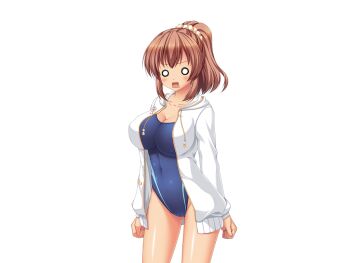 0_0 1girl aomi_riru blue_one-piece_swimsuit blush breasts brown_hair cleavage collarbone covered_navel cowboy_shot game_asset hair_between_eyes hood hoodie jacket large_breasts large_variant_set non-web_source official_art one-piece_swimsuit open_clothes open_jacket open_mouth ponytail school_swimsuit self-datamine sidelocks simple_background solo standing swimsuit tachi-e tan toriumi_hinata transparent_background variant_set white_hoodie wince yumemi_ga_cheek!