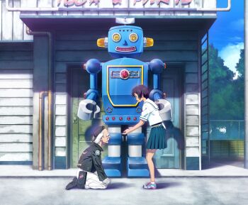 1boy 1girl balding belt_pouch beret black_boots black_hair black_hat black_jacket blue_skirt blue_sky bob_cut boots chuo_tanegashima_high_school_uniform cloud cloudy_sky cropped_shirt daitoku_junna dark-skinned_female dark_skin day fujita_tetsuharu fukuda_tomonori game_cg gloves grandfather_and_granddaughter grey_eyes hat high-waist_skirt highres jacket kneeling leather leather_boots leather_jacket miniskirt non-web_source offering_hand official_art old old_man open_mouth outdoors pants patchwork_clothes pink_shoes pleated_skirt pouch robot robotics;notes sailor_collar school_uniform science_adventure shirt shoes short_hair short_sleeves skirt sky smile standing thick_eyebrows thighs tree white_gloves white_pants white_sailor_collar white_shirt work_gloves