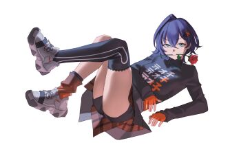 1girl absurdres aragiken arm_support belle_(zenless_zone_zero) black_shirt black_shorts black_thighhighs blue_eyes blue_hair breasts closed_mouth commentary crossed_bangs english_commentary fingerless_gloves flower flower_in_mouth full_body gloves hair_between_eyes hair_ornament highres leaf legs_up letter_hair_ornament looking_at_viewer lying medium_breasts on_back orange_gloves print_shirt red_flower red_rose rose shirt shoes short_hair shorts simple_background single_thighhigh smile solo thighhighs v-shaped_eyebrows white_background white_shoes zenless_zone_zero