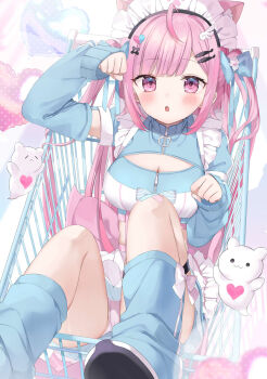 1girl animal_ears balloon bandaid bandaid_hair_ornament blue_bow blue_jacket blue_leg_warmers blue_sleeves blush bow breasts cat_ears cat_girl cleavage commentary crossed_bandaids detached_sleeves extra_ears fish_hair_ornament ghost_hair_ornament hair_bow hair_ornament hairclip heart heart_balloon heart_hair_ornament highres in_shopping_cart indie_virtual_youtuber jacket jersey_maid large_breasts leg_warmers long_hair long_sleeves looking_at_viewer maid maid_headdress open_mouth paw_pose pink_eyes pink_hair shopping_cart tatsuyoshi_(zawahomura) thighs unconventional_maid virtual_youtuber wing_hair_ornament yuuki_sakuna