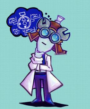 1girl blue_background blue_pants blue_skin blueprint_(object) colored_skin full_body hand_on_own_chin highres imagining lab_coat mario_&amp;_luigi:_brothership mario_&amp;_luigi_rpg mario_(series) mimikabii nintendo pants round_eyewear solo technikki_(mario) thinking twitter_username
