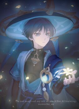 Rule 34 | 1boy, anemo symbol (genshin impact), arm at side, armor, artist name, belt, black belt, black bodysuit, black bow, black bridal gauntlets, black shorts, blue cape, blue eyes, blue gem, blue hat, blue kimono, blue rope, blue sash, blue sleeves, blunt ends, bodysuit, bow, bridal gauntlets, cape, choppy bangs, covered collarbone, eyeliner, feathers, fingernails, flower, furisode, gem, genshin impact, glowing, glowing flower, glowing gem, glowing petals, gold, hair intakes, hakama, hakama shorts, hand up, hashtag-only commentary, hat, highres, japanese armor, japanese clothes, jingasa, juban, kimono, kote, kurokote, layered sleeves, looking to the side, makeup, male focus, mamecha an, mandarin collar, night, open clothes, open hand, open kimono, outdoors, parted lips, petals, pleated shorts, pom pom (clothes), purple rope, red eyeliner, rope, sash, scaramouche (genshin impact), short sleeves, shorts, shoulder peek, solo, tassel, tsurime, upper body, vision (genshin impact), wanderer (genshin impact), watermark, white kimono, white sleeves, white trim, yellow feathers, yellow flower, yellow petals