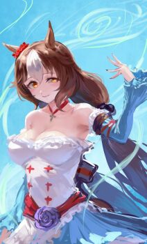 1girl animal_ears bare_shoulders blue_sleeves blush breasts brown_hair choker cleavage closed_mouth detached_sleeves dress ear_scrunchie hair_between_eyes hair_ornament highres horse_ears horse_girl horse_tail inishie_kumo large_breasts long_hair looking_at_viewer low_twintails multicolored_hair pendant_choker red_choker scrunchie smile solo tail twintails umamusume white_dress yamanin_zephyr_(fluttertail_spirit)_(umamusume) yamanin_zephyr_(umamusume)