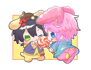 2boys :q ;< ;t amemura_ramuda amemura_ramuda_(sanrio_nakayoku_edit) anger_vein animal_ears annoyed badge beret black_hair blue_coat blue_eyes blue_jacket blush bonbonribbon border bottomless bow brown_hat button_badge candy chibi chibi_only coat commentary_request cowlick dog_ears dog_tail extra_ears eye_contact feeding food full_body fusion gradient_hair green_eyes grey_shirt hair_between_eyes hat holding holding_candy holding_food holding_lollipop hood hood_down hooded_coat hoodie hypnosis_mic inset_border jacket jacket_over_hoodie lollipop long_sleeves looking_at_another mole mole_under_mouth multicolored_hair multiple_boys narrowed_eyes official_alternate_costume one_eye_closed open_clothes open_jacket outline pink_hair pompompurin purple_hair rabbit_ears rabbit_tail raised_inner_eyebrows red_border sanrio shirt shooing short_hair sidelocks standing standing_on_one_leg suke8364 swept_bangs swirl_lollipop tail tail_bow tail_ornament tongue tongue_out v-shaped_eyebrows wallet_chain waving_arm white_background white_outline white_shirt yamada_saburo yamada_saburo_(sanrio_nakayoku_edit) yellow_background yellow_hoodie