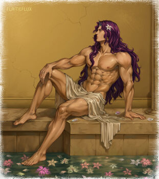 abs absurdres bare_arms bare_hips bare_legs bare_shoulders barefoot battle battle_tendency curtains feet flameflux flower hair_flower hair_ornament highres horns jojo_no_kimyou_na_bouken kars_(jojo) long_hair looking_to_the_side male_focus muscular muscular_male narrow_waist nipples non-web_source nude purple_hair red_eyes sitting very_long_hair wavy_hair wet wet_clothes