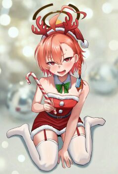 1girl absurdres ahoge alternate_costume blue_archive blush braid breasts candy candy_cane collar commentary_request detached_collar dress fake_antlers food fur-trimmed_dress fur-trimmed_headwear fur_collar fur_trim hairband hat highres holding holding_candy holding_candy_cane holding_food huge_ahoge looking_at_viewer mole mole_under_each_eye mole_under_eye multiple_moles neru_(blue_archive) open_mouth orange_hair red_dress red_eyes red_garter_straps red_hairband red_hat santa_costume santa_dress santa_hat short_dress short_hair single_braid sitting small_breasts solo strapless strapless_dress taeman thighhighs wariza white_collar white_thighhighs