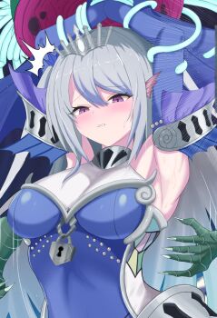 1girl 1other armpits arms_up blue_dress blue_hair blush breasts character_request closed_mouth commentary_request detached_sleeves dress duel_monster embarrassed fins grey_hair head_fins highres large_breasts lock long_hair mermaid monster monster_girl nien2 padlock paleozoic_dinomischus pink_eyes purple_eyes restrained solo solo_focus sweat tearlaments_scheiren teeth tentacles tiara upper_body very_long_hair yu-gi-oh!