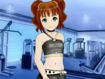 00s 1girl 3d animated animated_gif aqua_eyes blinking brown_hair child collar female_focus green_eyes gym halterneck happy hybrid_animation idolmaster idolmaster_(classic) indoors leather looking_at_viewer lowres machine midriff music navel open_mouth pac-man_(game) ridge_racer ridge_racer_6 riding riding_machine sexually_suggestive short_hair smile solo solo_focus tagme takatsuki_yayoi twintails video