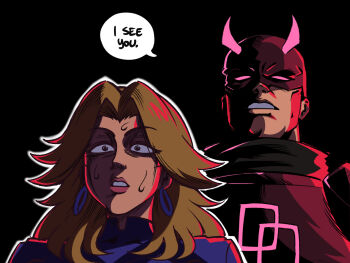 1boy 1girl blonde_hair blue_bodysuit bodysuit breasts daredevil earrings english_text fantastic_four highres hoop_earrings horns jewelry marvel marvel_rivals nervous sue_storm sweat tina_fate