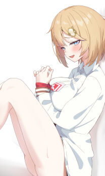 1girl :d blonde_hair blue_eyes bob_cut breasts chahanramen collared_shirt commentary from_side hair_ornament highres hololive hololive_english knees_up large_breasts long_sleeves looking_at_viewer necktie no_pants open_mouth red_necktie shirt short_hair short_necktie simple_background sitting smile solo virtual_youtuber watson_amelia watson_amelia_(1st_costume) white_background white_shirt