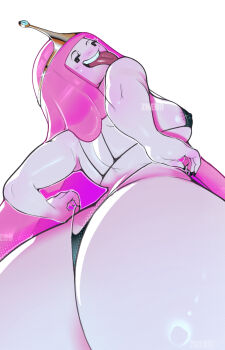 1girl adventure_time ass back bare_shoulders bikini breasts highres long_hair looking_at_viewer pink_hair princess_bonnibel_bubblegum simple_background smile solo swimsuit teeth tongue unfinished zhero_art