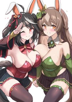 Rule 34 | 2girls, ;), absurdres, ahoge, alternate costume, animal ear hairband, animal ears, arm warmers, armpits, ascot, bare shoulders, black hair, black skirt, black sleeves, black tail, black thighhighs, blush, bow, braid, breast press, breasts, brown eyes, brown hair, brown tail, cleavage, closed mouth, collarbone, commentary request, covered navel, detached collar, detached sleeves, diamond (shape), ear covers, ear ornament, ear ribbon, fake animal ears, green leotard, hair ornament, hair ribbon, hairband, half up braid, heart, highres, holding hands, horse ears, horse girl, horse tail, kibihimi, kitasan black (umamusume), large breasts, leotard, long hair, looking at viewer, miniskirt, multicolored hair, multiple girls, navel, one eye closed, orange eyes, playboy bunny, pleated skirt, rabbit ear hairband, rabbit ears, red eyes, red leotard, red ribbon, revision, ribbon, salute, satono diamond (umamusume), short hair, sideboob, simple background, skirt, smile, strapless, strapless leotard, streaked hair, sweat, symmetrical docking, tail, thighhighs, two side up, umamusume, white background, white hair, white streaks, yellow arm warmers